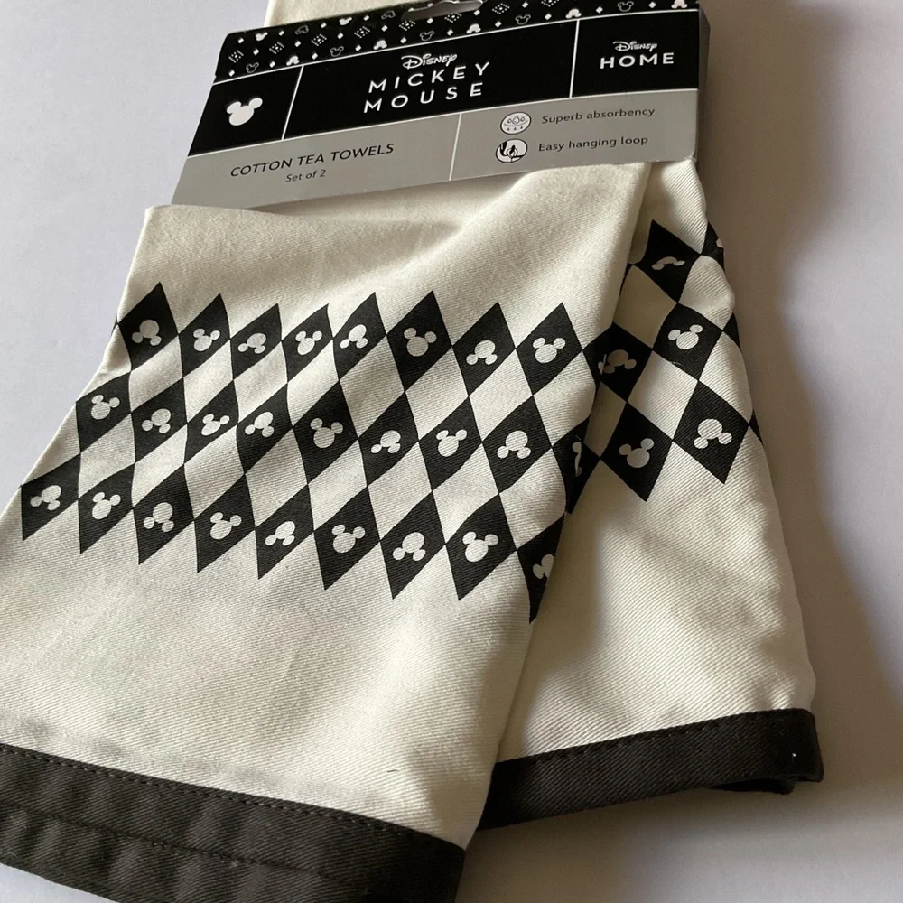 DISNEY SET OF 2 COTTON TEA DISH TOWELS MICKEY MOUSE BLACK AND WHITE NWT